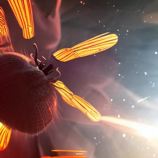 Image similar to cinematic headshot portrait of a anime spider flies in the space, movie still, more details, dramatic lighting