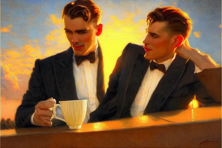 Prompt: attractive man drinking coffee, sunset, painting by gaston bussiere, j. c. leyendecker, tom of finland, trending on artstation