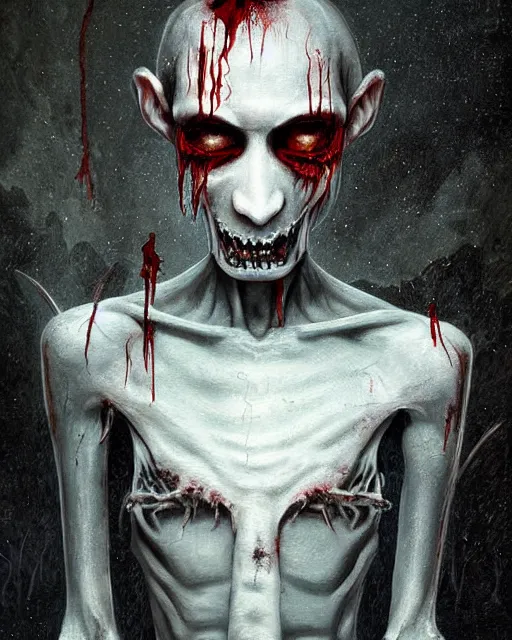 Image similar to Horrifying detailed painting of a pale, emaciated humanoid creature. It has sharp teeth and claws with pale milky eyes; snow, woods, blood; dark cinematic lighting, hyper detailed, moody; painted by Greg Rukowtski