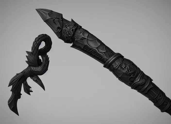 Image similar to a black long sword skull crest, orthographic, ornament, weapon, a 3 d render by dom qwek, front side views full, trending on polycount, artstation, hard surface modeling, rendered in maya, 3 ds max, blender, hd, vray
