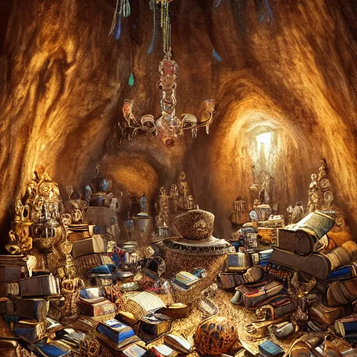 Prompt: epic view of an ancient dark byzantine giant cave interior, delicate crystal bottle on a pile of skulls, books covered in jewels, ornate, surrounded by strange statues and treasure, full of sand and glitter, Byzantine, cinematic, jewels, by Grzegorz Rutkowski