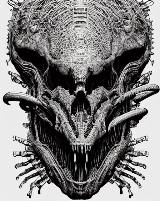 Image similar to intricate mechanical robot trex dinosaur skull, transformer, symmetrical illustration, bold line symmetrical illustration by peter gric, hr giger, kim jung gi, joe fenton, scifi, screen print, trending on art station, sharp, high contrast, ultrafine hyper detailed,