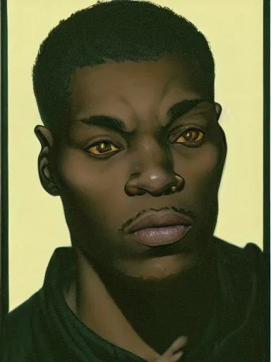 Prompt: portrait of a modern (black) man wearing a dark shirt, upper body 2d game avatar, Donato Giancola, Kodak film stock, chiaroscuro lighting, stylized bold outline, default pose neutral expression, expressionist colour, face-on head shot, close-up, eye-contact, sharp focus, shape language, Alphonse Mucha/Gustav Klimt style, alpha masked transparent flat background, 4k, volumetric lighting, French Nouveau, trending on artstation, octane render, ultra detailed, hyperrealistic