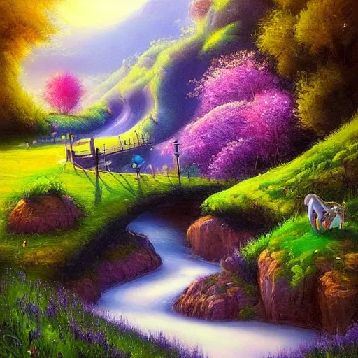 Image similar to A beautiful street art of of a landscape. It is a stylized and colorful view of an idyllic, dreamlike world with rolling hills, peaceful looking animals, and a flowing river. The scene looks like it could be from another planet, or perhaps a fairy tale. lavender by Marek Okon, by Stuart Immonen fine