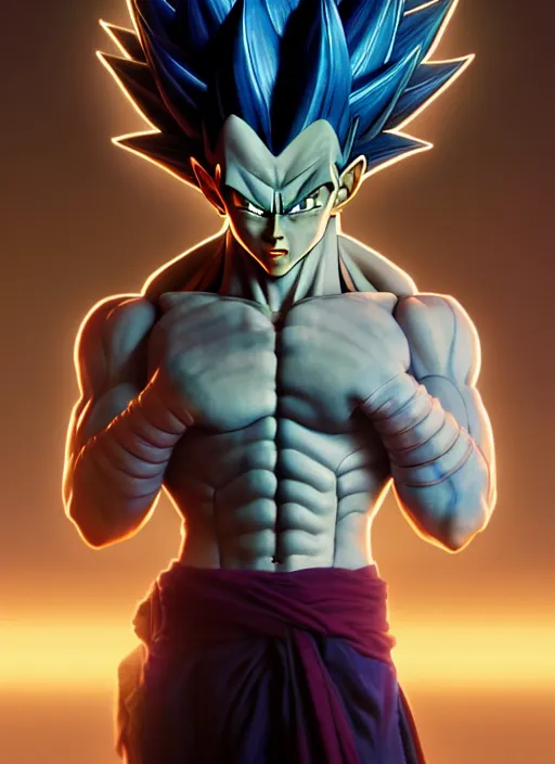 Image similar to prince vegeta by greg rutkowski, symmetry, concept art by artgerm, distance portrait of a hyper realistic, intense, epic, alphonse mucha, octane render, highly detailed, high quality, 8 k, soft lighting, path traced, and uang guangjian and gil elvgren, symmetry!!