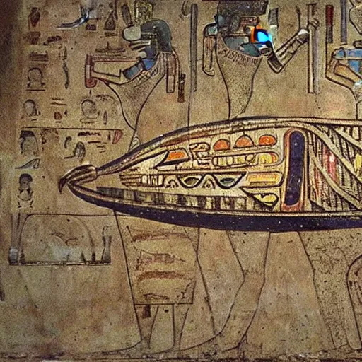 Image similar to Ancient Egypt Art, art of a Alien Spaceship in art style of ancient art, fragmented, an Alien Spaceship!!!!! Ancient Egypt art