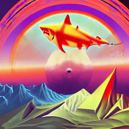 Image similar to 1920's psychedlic fractal mountain range disk shark bush tote meat , by Ilya Kuvshinov and Johannes Vermeer and Hieronymus Bosch , 8K , speedpainting , groovy