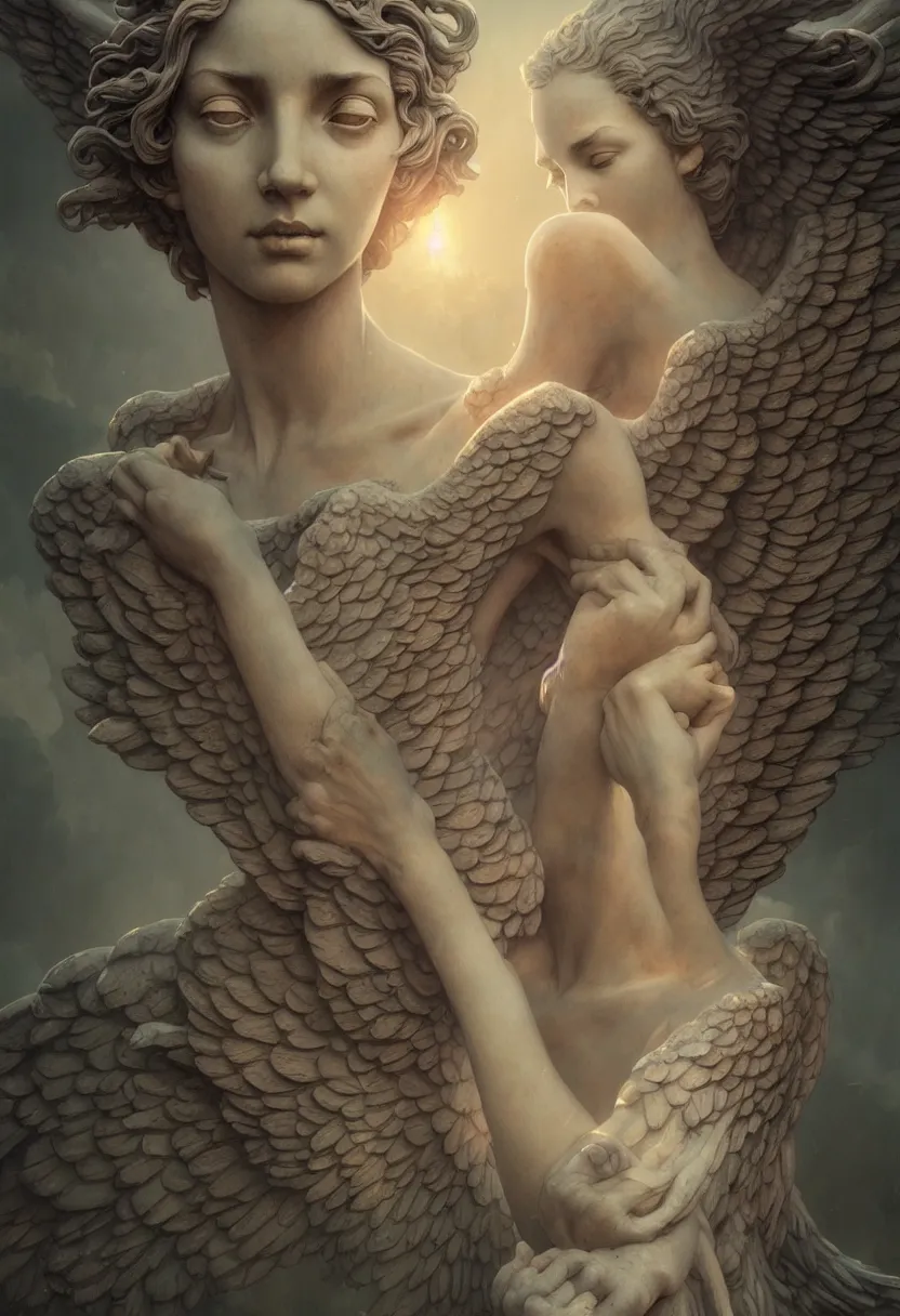 Image similar to beautiful very extreme closeup portrait, weeping angels, angel of grief, stone statues, the time of angels, blink, unreal engine, greg rutkowski, loish, rhads, beeple, tom bagshaw, alphonse mucha, global illumination, detailed and intricate environment