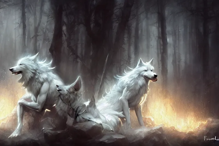 Image similar to white magical wolves made of magical electrical energy, painted by Bastien Lecouffe-Deharme, Frank Frazetta, 4k, 8k, HD