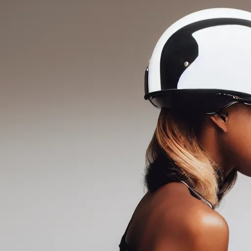 Prompt: realistic photoshooting for a new balenciaga lookbook, color film photography, close-up portrait of a beautiful woman, woman is wearing a motorcycle helmet, in style of Tyler Mitchell, 35mm,