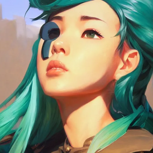 Image similar to greg manchess portrait painting of asada shino sinon as overwatch character, turquoise hair, medium shot, asymmetrical, profile picture, organic painting, sunny day, matte painting, bold shapes, hard edges, street art, trending on artstation, by huang guangjian and gil elvgren and sachin teng