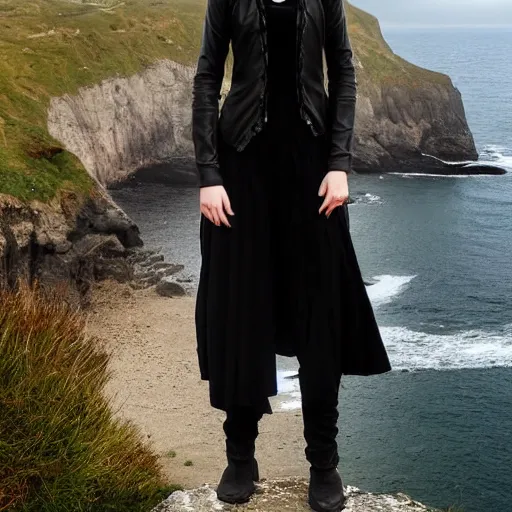 Image similar to 1 7 - year - old pale - skinned persian girl with black long bob cut, long bangs, black gothic jacket, black jeans, psychic girl, psychokinetic girl, standing on cliff along the irish coast, overcast gray skies, ultra - realistic, sharp details, subsurface scattering, intricate details, art by william - adolphe bouguereau