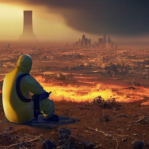 Image similar to a beautiful award-winning photo of the last man on Earth wearing a hazmat suit, sitting, serene idyllic post-nuclear background with a mushroom cloud on the horizon, a mirage of a skyline of a destroyed city, numerous fires, volumetric lighting, very high quality, extremely detailed, subtle visual noise, 8K