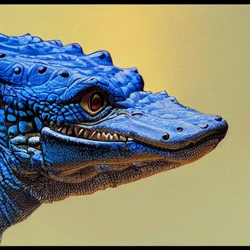 Image similar to a detailed close - up oil painting profile of a crocodile blue jay hybrid with open jaws, flying, intricate, trending on artstation, well - lit, by michael whelan, james gurney, and donato giancola - w 7 0 0