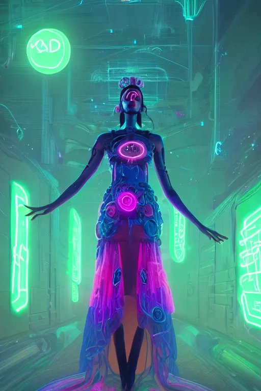 Image similar to void goddess wearing a dress made of neon, surreal, 4 k, unreal engine, octane render, simon stalenhag, d & d, fantasy, intricate, elegant, highly detailed, digital painting, artstation, concept art, matte, sharp focus, illustration, hearthstone, art by artgerm and greg rutkowski