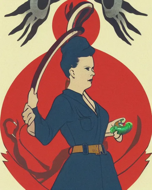 Prompt: a communist russian propaganda where a woman holds a cobra as a symbol of power