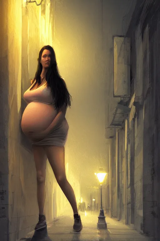 Prompt: pregnant woman under street light, highly detailed, sharp focused, ultra realistic digital concept art by Frederick Sands Brunner