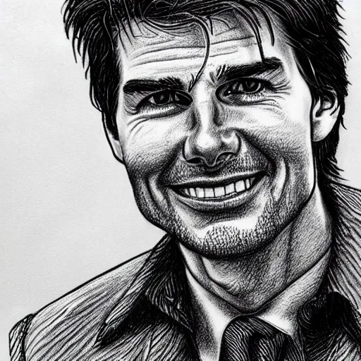 Image similar to a portrait drawing of Tom Cruise drawn by Robert Crumb