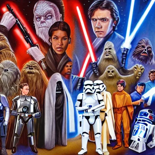 Prompt: All Star Wars Characters standing together for a group photo