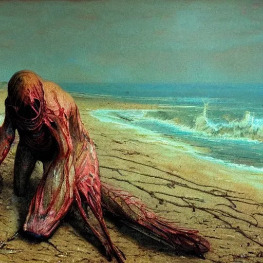 Prompt: decaying salmon on the beach, spiders, by beksinski, 4 k, ultra realistic, highly detailed.