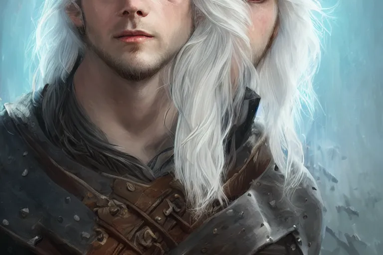 Image similar to young cute beautiful man with long white hair, d & d, fantasy, portrait, highly detailed, headshot, digital painting, trending on artstation, concept art, sharp focus, illustration, art by wlop