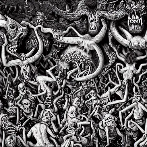 Image similar to digital painting of demons in rave party in hell by Chor Boogie, intricate details, ultra detailed, 4K, award-winning, touch of M. C. Escher
