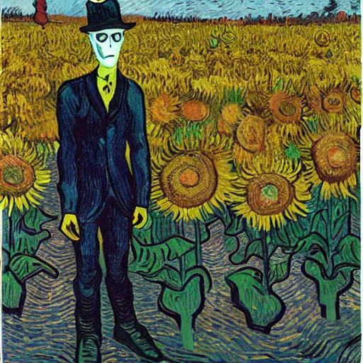 Prompt: slenderman standing in a field with colorful sunflowers by Vincent van Gogh