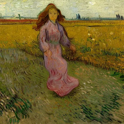 Image similar to an impressionist oil painting of girl with long hair in a white long dress running on the field in a foggy weather by van gogh