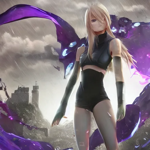 Image similar to beautiful anime girl in the style of final fantasy 7 with purple eyes, wearing jeans, perfect body, standing in the rain, high quality anime art, trending on artstation, 8K octane render, wallpaper