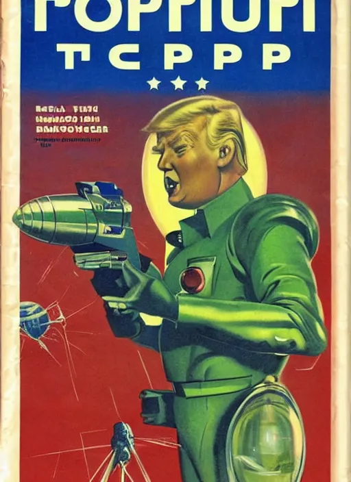 Image similar to 5 0 s sci fi pulp magazine cover of donald trump on mars pointing a ray gun to evil green martians, rocket on the background, by norman rockwell, by drew struzan, high res