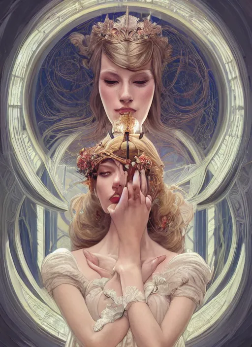 Image similar to symmetry!! sleeping beauty, machine parts embedded into face, intricate, elegant, highly detailed, digital painting, artstation, concept art, smooth, sharp focus, illustration, art by artgerm and greg rutkowski and alphonse mucha, 8 k