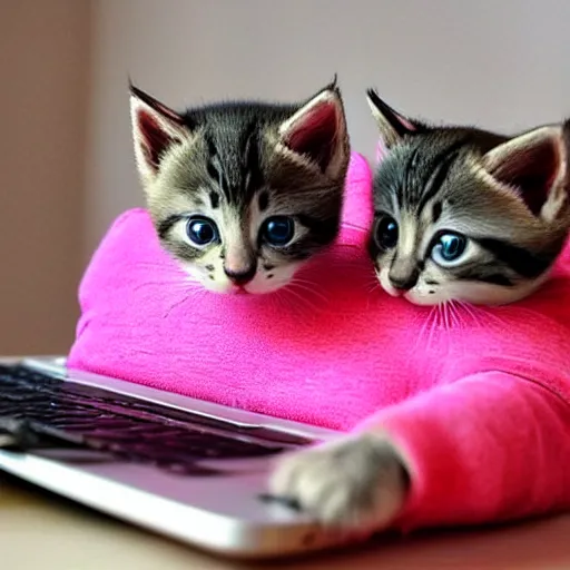 Prompt: cutest kittens in the world using a laptop with cute pink heart emojis floating in the air