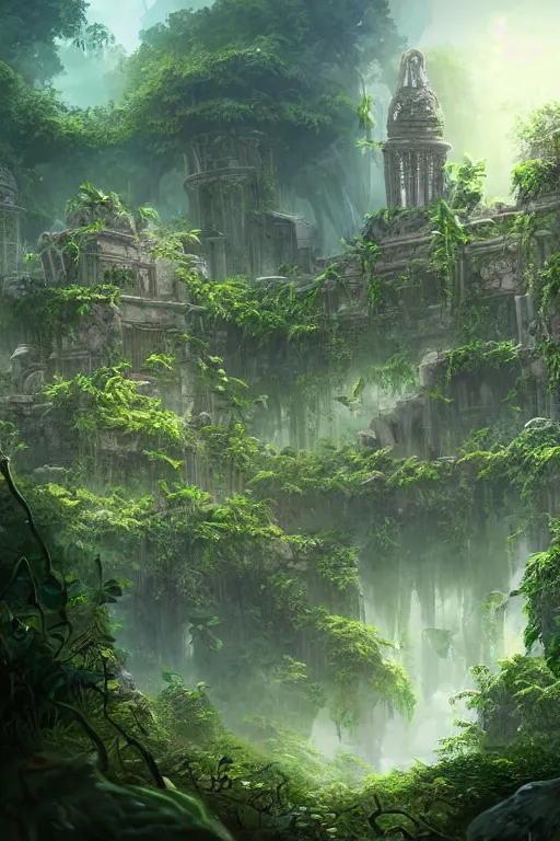 Prompt: epic professional digital art of a fantasy jungle ruins cgsociety wlop behance by pixiv