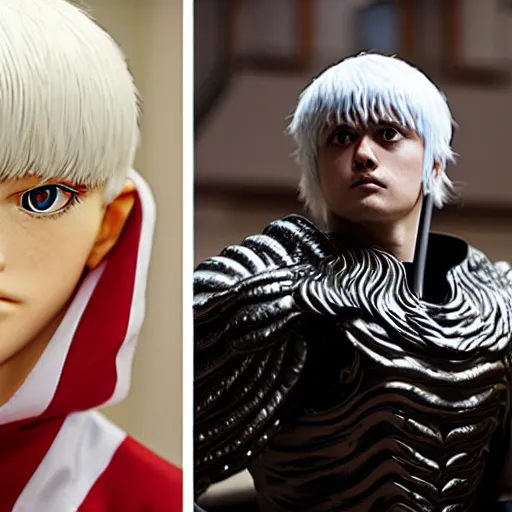 Image similar to a person cosplaying griffith from berserk by kentaro miura sitting at white house desk with american flag at his side