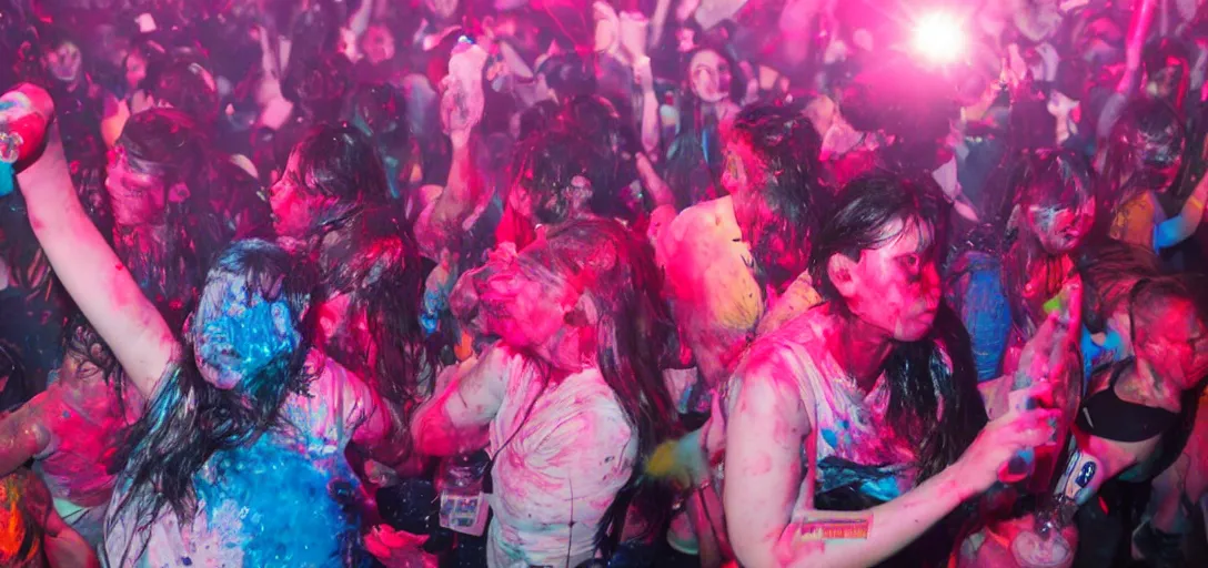 Image similar to party photo of a drunk college girl projectile vomiting gallons of fluorescent hyperspectral liquid all over the crowd, 8 k hdr, cinematic still