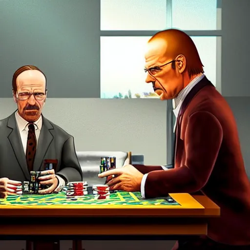 Image similar to saul goodman and walter white playing poker, ultra realistic, cinematic