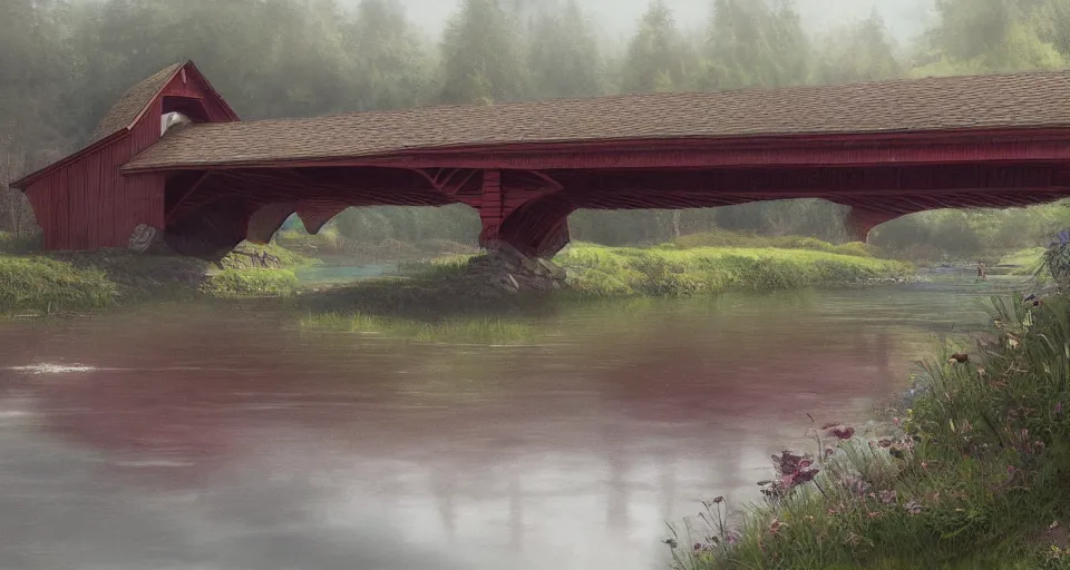 Prompt: A beautiful digital painting of a covered bridge, crystal lake, lovely valley by Stanley Artgerm Lau, Rossdraws, James Jean, gerald brom, Andrei Riabovitchev, Marc Simonetti, and Sakimichan, trending on artstation