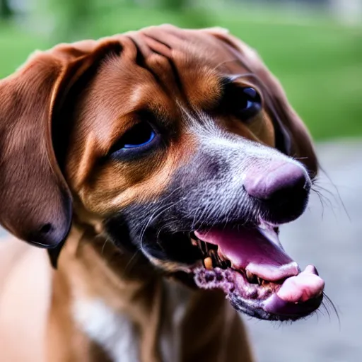 Prompt: dog with human teeth