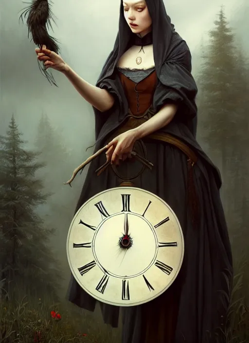 Image similar to a clock and a witch, elegant, sharp focus, illustration, highly detailed, digital painting, concept art, matte, art by wlop and artgerm and ivan shishkin and andrey shishkin, masterpiece