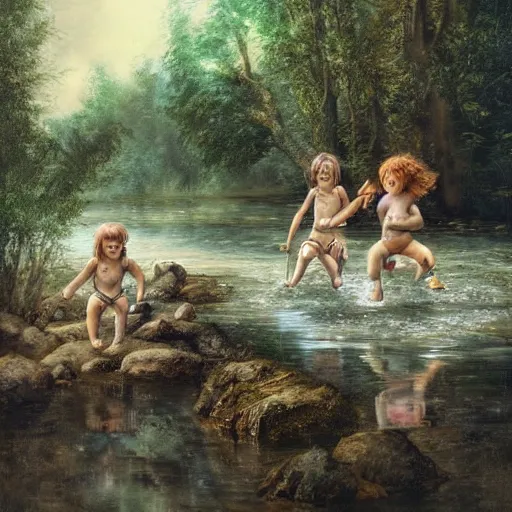 Image similar to medieval childs playing in a river, artwork, fantasy, nature, forest