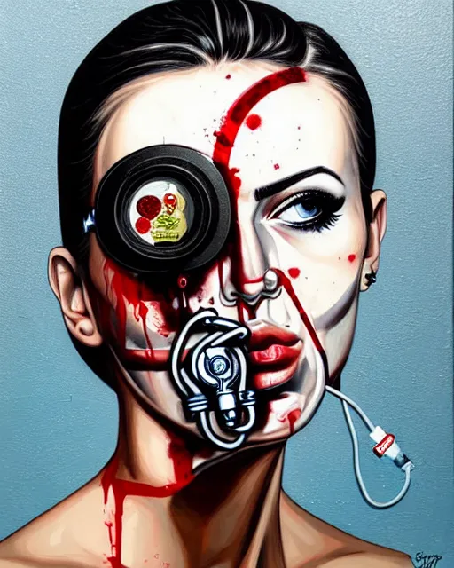 Image similar to portrait of a spy wearing oxygen mask, has blood, rose, a pistol and a syringe needle with sea background intricate details with horror side profile by Sandra Chevrier