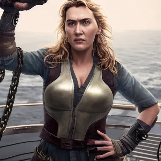 Prompt: a heroic portrait of 30yo Kate Winslet mechanic with one prosthetic metallic gauntlet standing on a ship deck by Greg Rutkowski, ultra realistic, by Sung Choi, photorealistic 8k, cinematic lighting, HD, high detail, atmospheric, trending on artstation, high detailed face