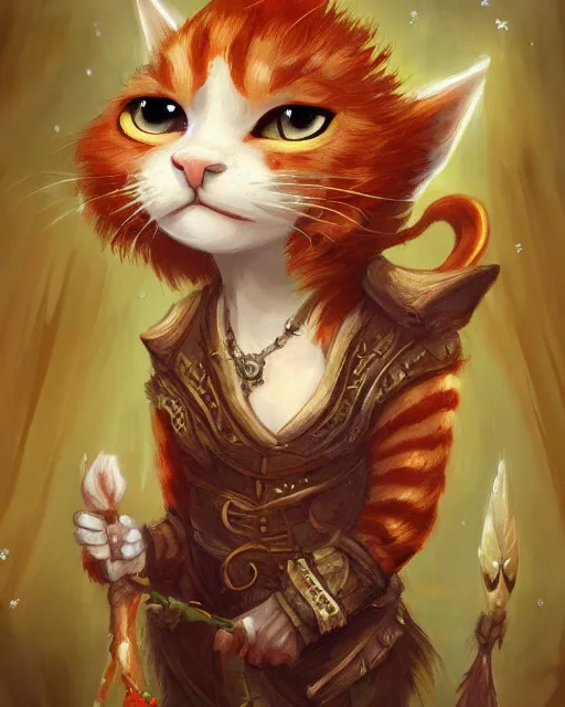 Image similar to High Fantasy whimsical portrait painting of a wise anthropomorphic humanoid ginger cat with big bushy eyebrows, upper body, wearing fantasy formal clothing, wearing fantasy clothing, cgsociety, trending on artstation, dnd