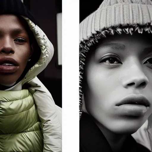 Image similar to realistic! photoshoot for a new balenciaga lookbook, color film photography, portrait of a beautiful woman wearing a puffer jacket, photo in style of tyler mitchell, fisheye lens