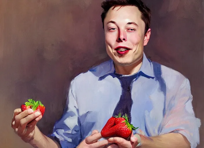 Image similar to a highly detailed beautiful portrait of elon musk eating strawberry by gregory manchess, james gurney, james jean