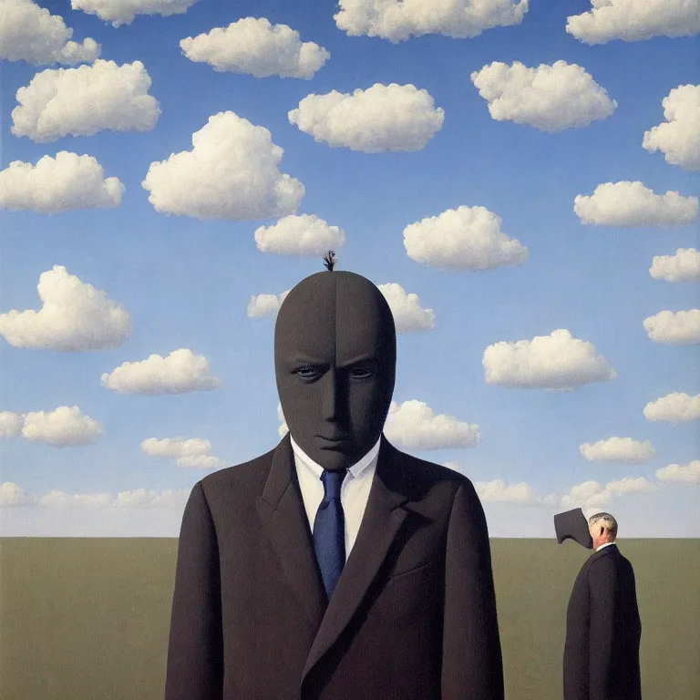 Image similar to portrait of a faceless shadow - head man in a suit, clouds in the background, by rene magritte, detailed painting, distance, middle centered, hd, hq, high resolution, high detail, 4 k, 8 k