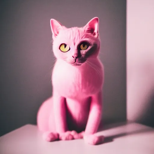 Image similar to cute pink cat fursuiter at a furry convention, realistic photograph, cinematic lens, studio lighting, indoors