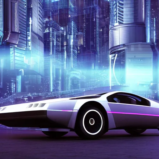 Image similar to deep perspective, the background is a cyber city sharp photorealistic octane render, bokeh in the background, a futuristic curvy neon delorean hover in the foreground,