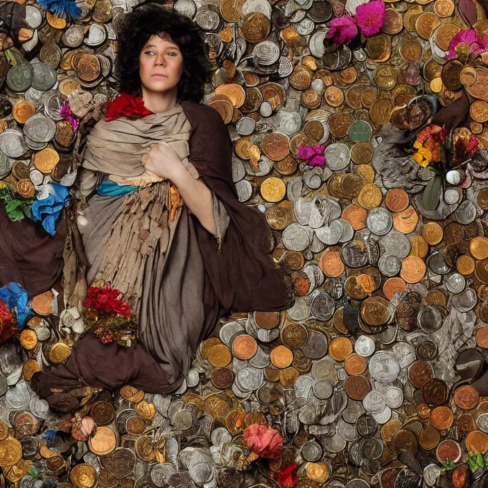 Image similar to closeup portrait of a woman wearing a cloak made of garbage and junk and flowers, standing in a pile of coins, forest, by Annie Leibovitz and Steve McCurry, natural light, detailed face, CANON Eos C300, ƒ1.8, 35mm, 8K, medium-format print