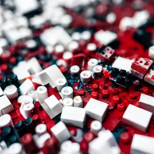 Prompt: photo of a lego set splattered with blood, shiny dark red blood splatter, dismembered lego minifigures